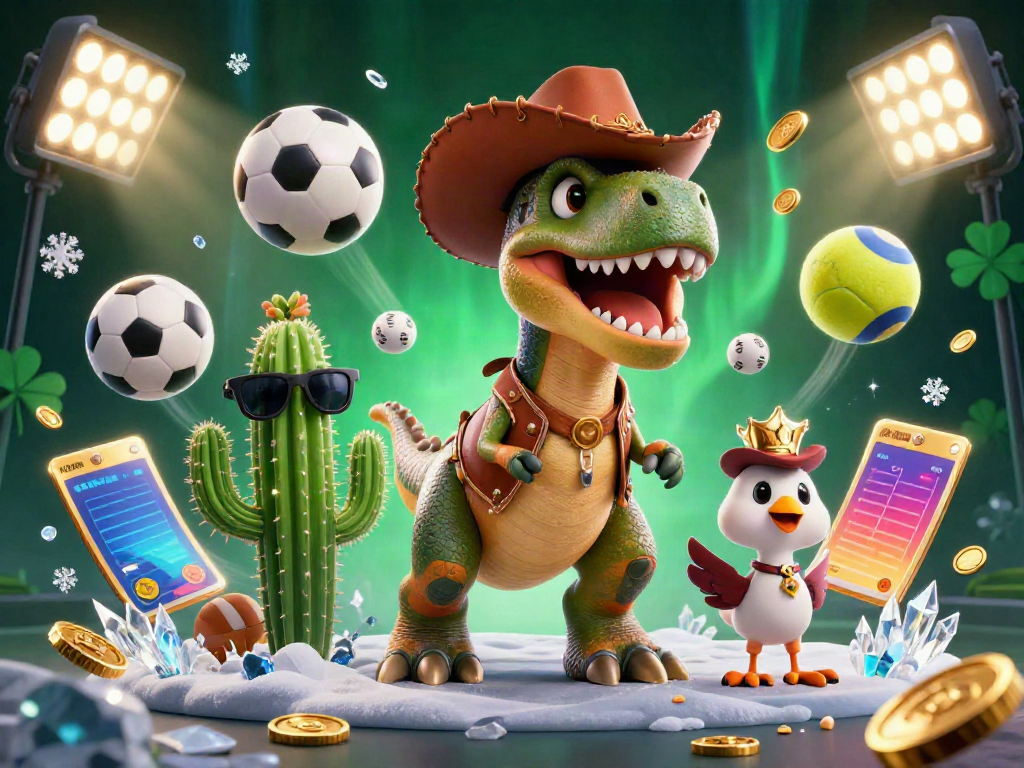 Kuwin showcases thrilling casino games with a cowboy dinosaur and vibrant sports elements in a dynamic scene.