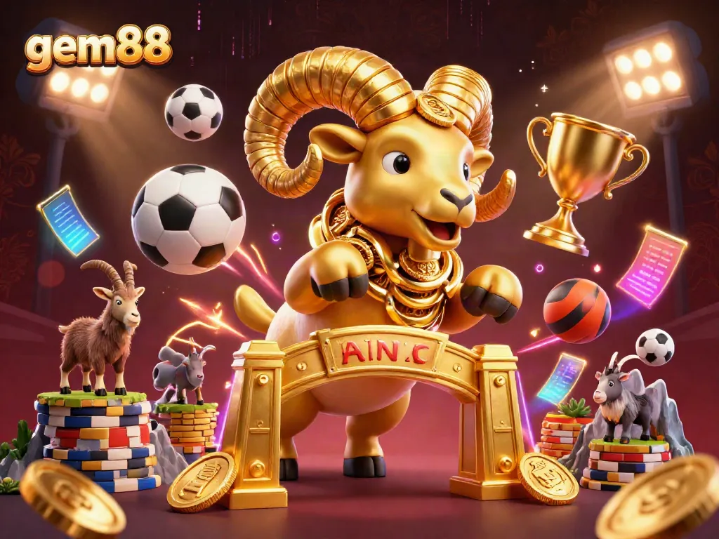 Experience the excitement at gem88 with dynamic sports elements and a golden ram charging at the gate.