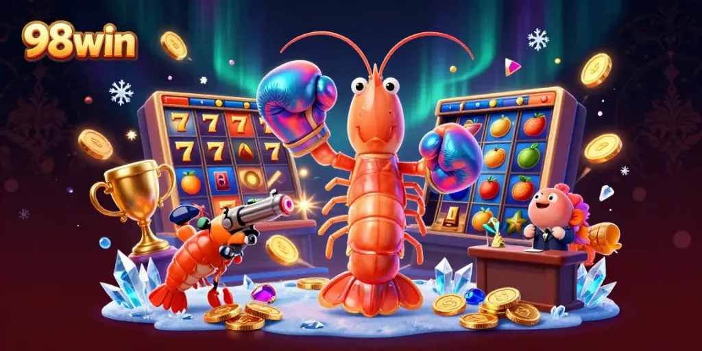 Win with 98win at a vibrant online slot scene featuring prize-filled characters.