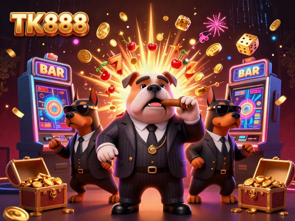Engage in thrilling slots action at TK888 casino with a colorful 3D illustration of animated characters.