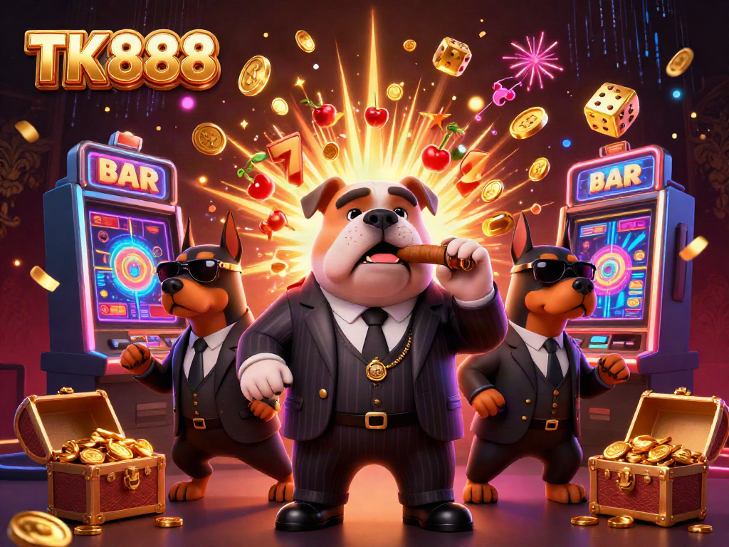 Engage in thrilling slots action at TK888 casino with a colorful 3D illustration of animated characters.