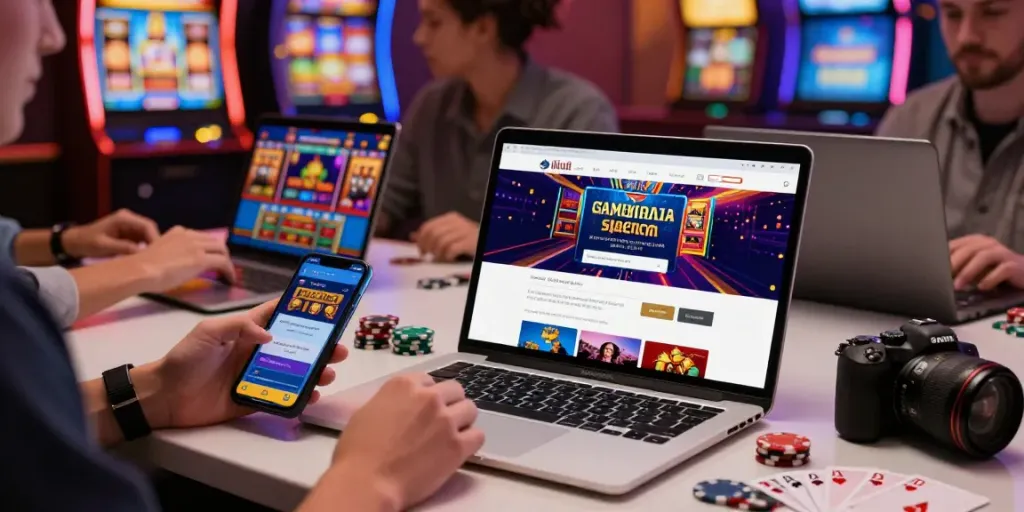 Players enjoying online casinos that accept credit card, featuring vibrant gaming devices and engaging atmosphere.
