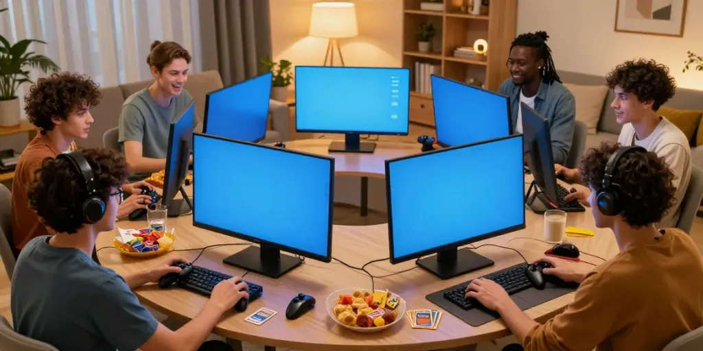 Friends playing HITCLUB card game in a cozy living room with modern decor.