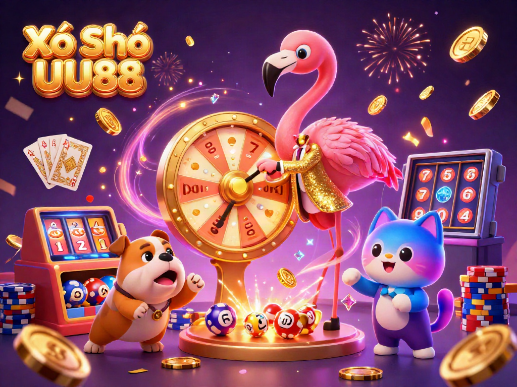 Xổ Số UU88 features vibrant illustrations of a show host flamingo, an excited bulldog contestant, and a scoreboard cat as they celebrate lottery wins.