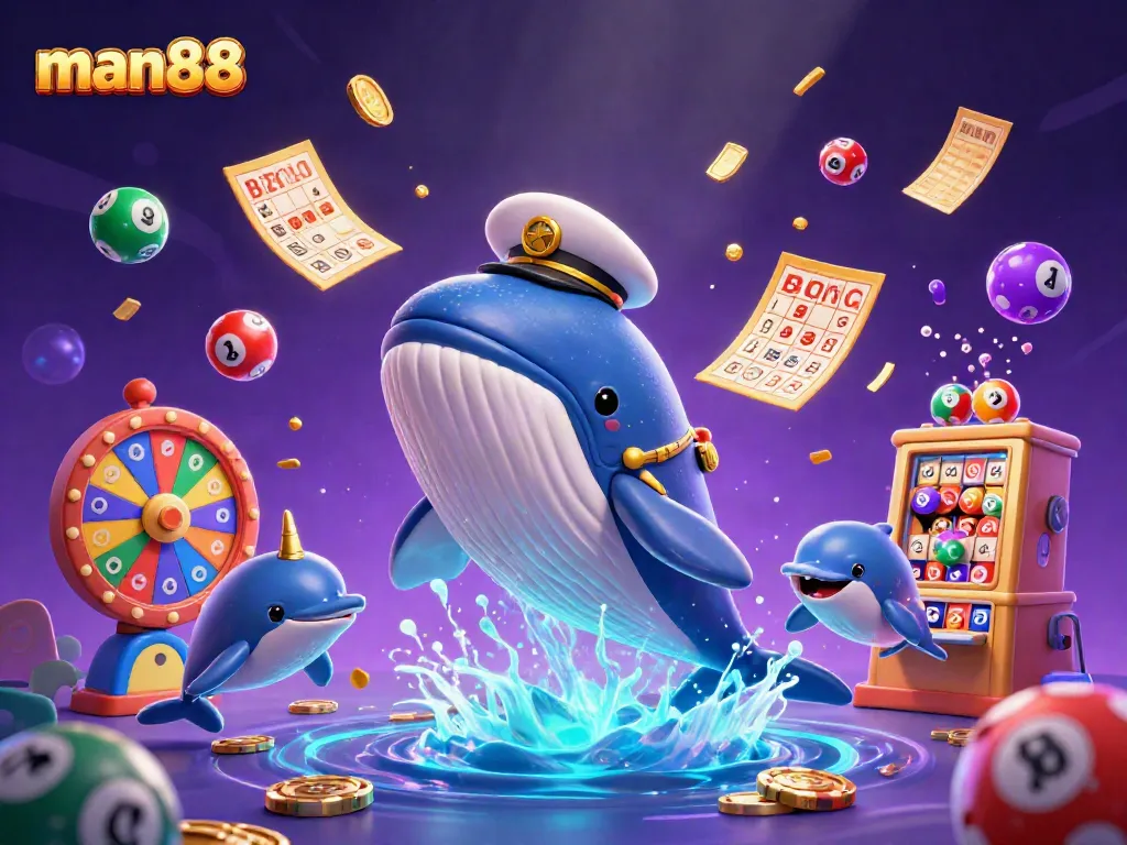 Join the excitement of man88 with a cartoon whale and dolphins surrounded by casino-themed elements.