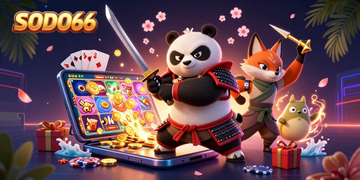 SODO66 brings thrilling gaming action with a dynamic 3D panda samurai and ninja fox in a colorful casino environment.