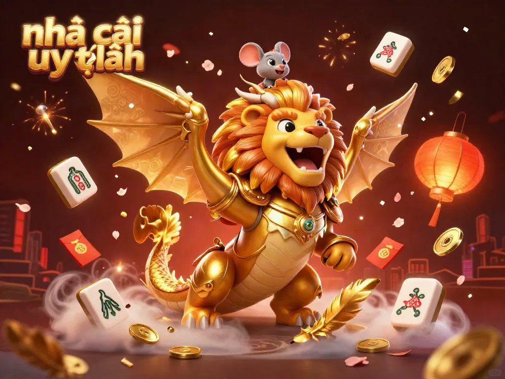 Engage in the vibrant world of Nhà cái uy tín with a roaring chimera and golden gaming elements.