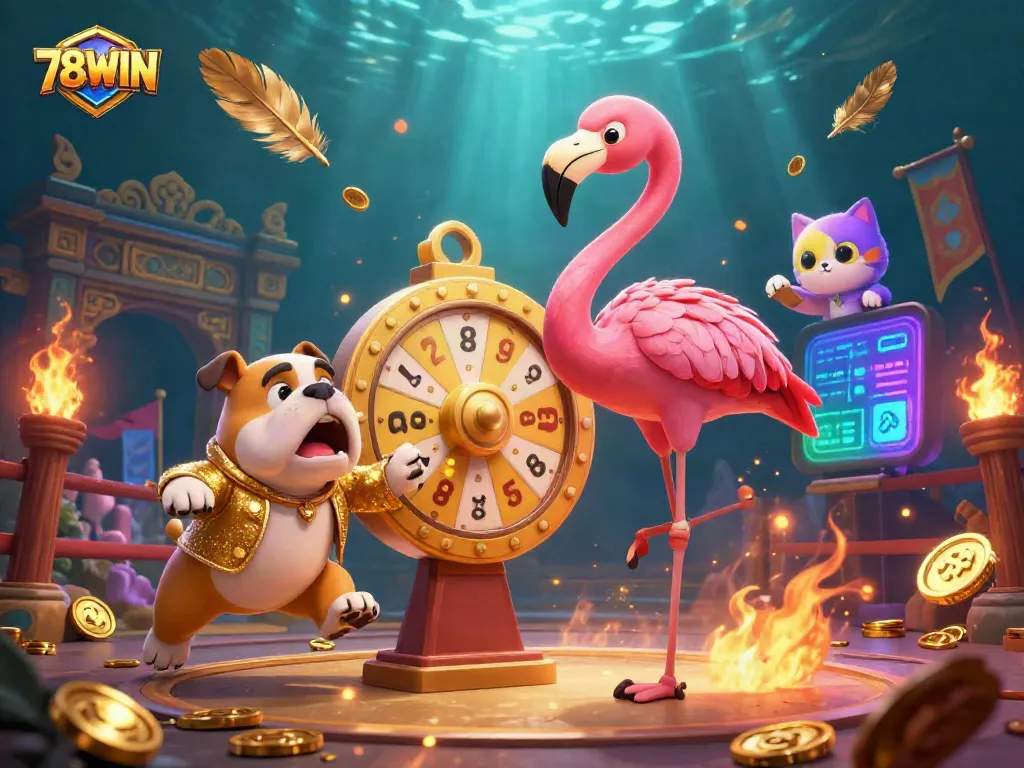 Experience the excitement of 78WIN with a flamingo host and bulldog contestant in a dynamic casino scene.