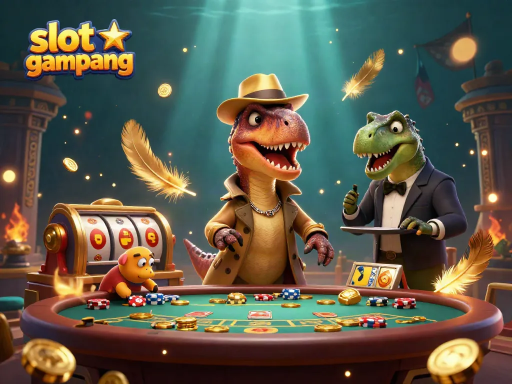 Engaging scene of a velociraptor card counter at a blackjack table surrounded by slot elements, capturing the theme of slot gampang menang.