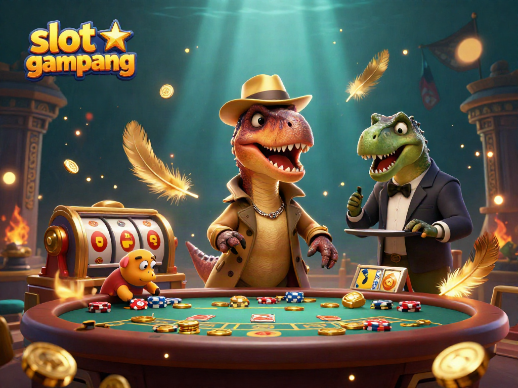 Engaging scene of a velociraptor card counter at a blackjack table surrounded by slot elements, capturing the theme of slot gampang menang.
