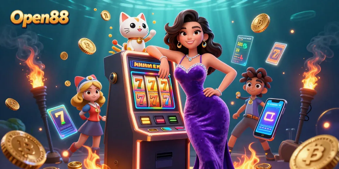 Open88 casino features a glamorous woman winning at slots with a waving fortune cat mascot.