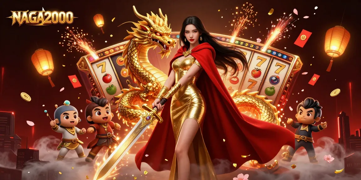 NAGA2000 menampilkan ilustrasi yang cerah dengan ratu pejuang, naga, dan gulungan slot yang berputar, meningkatkan petualangan permainan Anda.