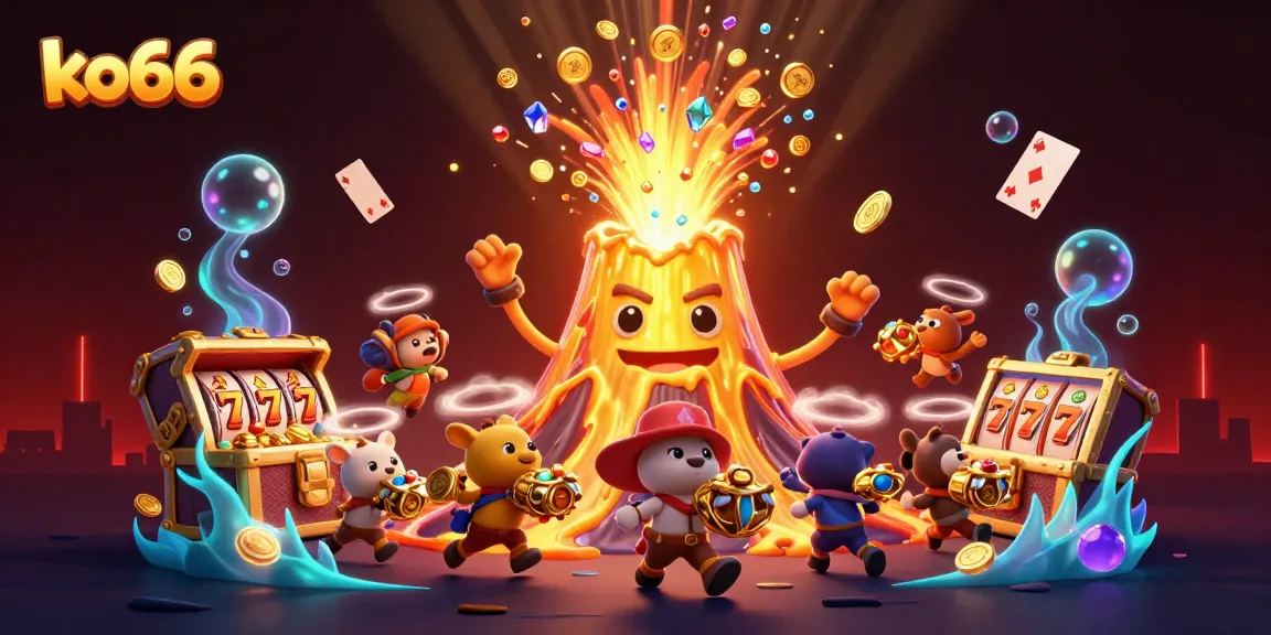Play thrilling games at ko66, featuring a glorious volcano erupting coins and gems, celebrating the excitement of winning.