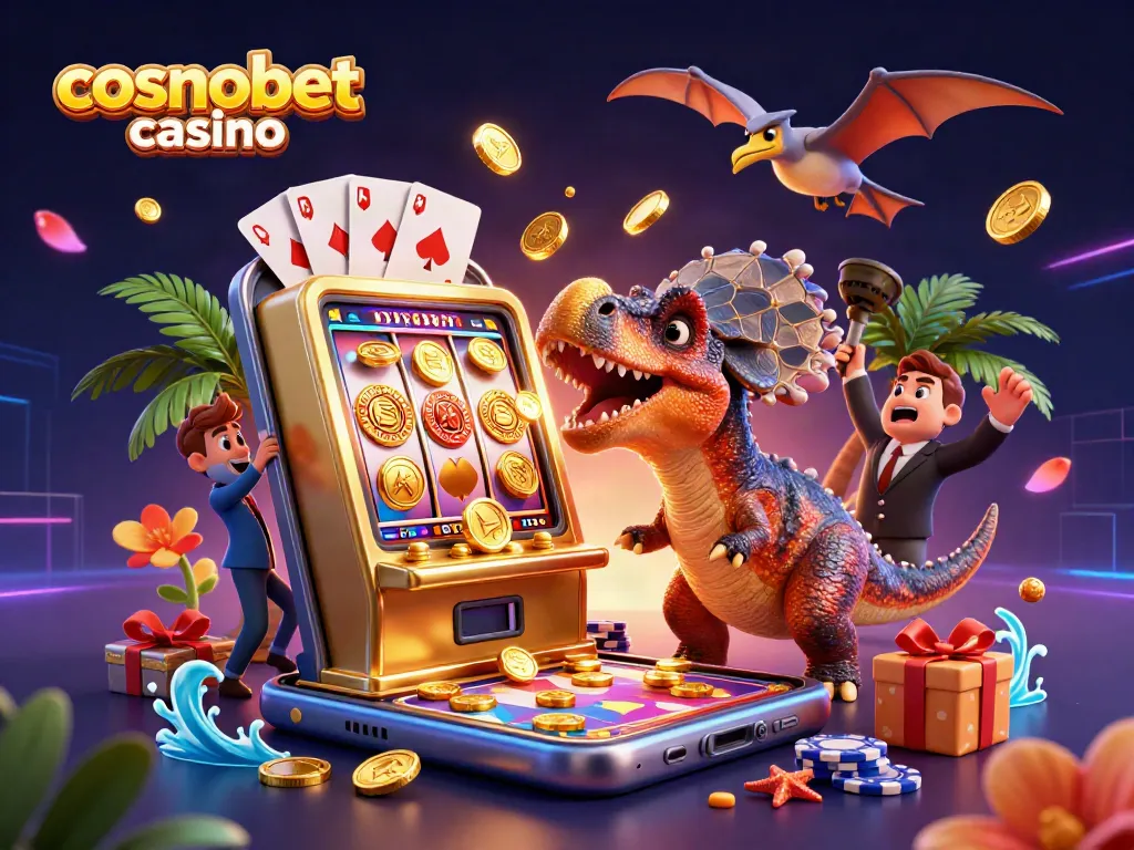 Experience the thrill of cosmobet casino with a cartoon pachycephalosaurus winning jackpots amidst flying coins.