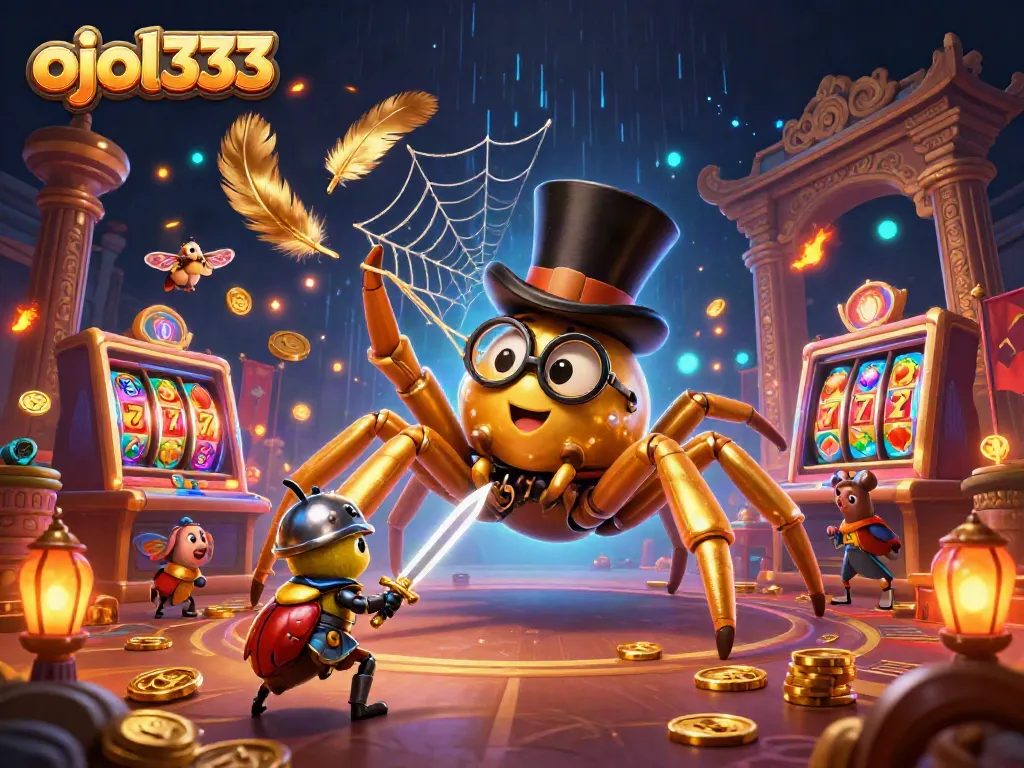Engage with ojol333 in an exciting battle scene featuring a giant golden tarantula and a brave beetle knight.
