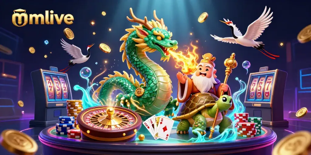 Experience mmlive's vibrant gaming energy with a jade dragon, lucky cranes, and casino elements.