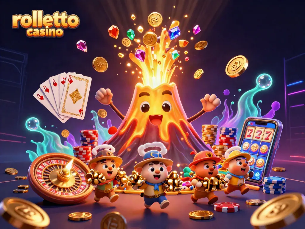 Win big at rolletto casino with golden volcano, coins flying, and exciting games action