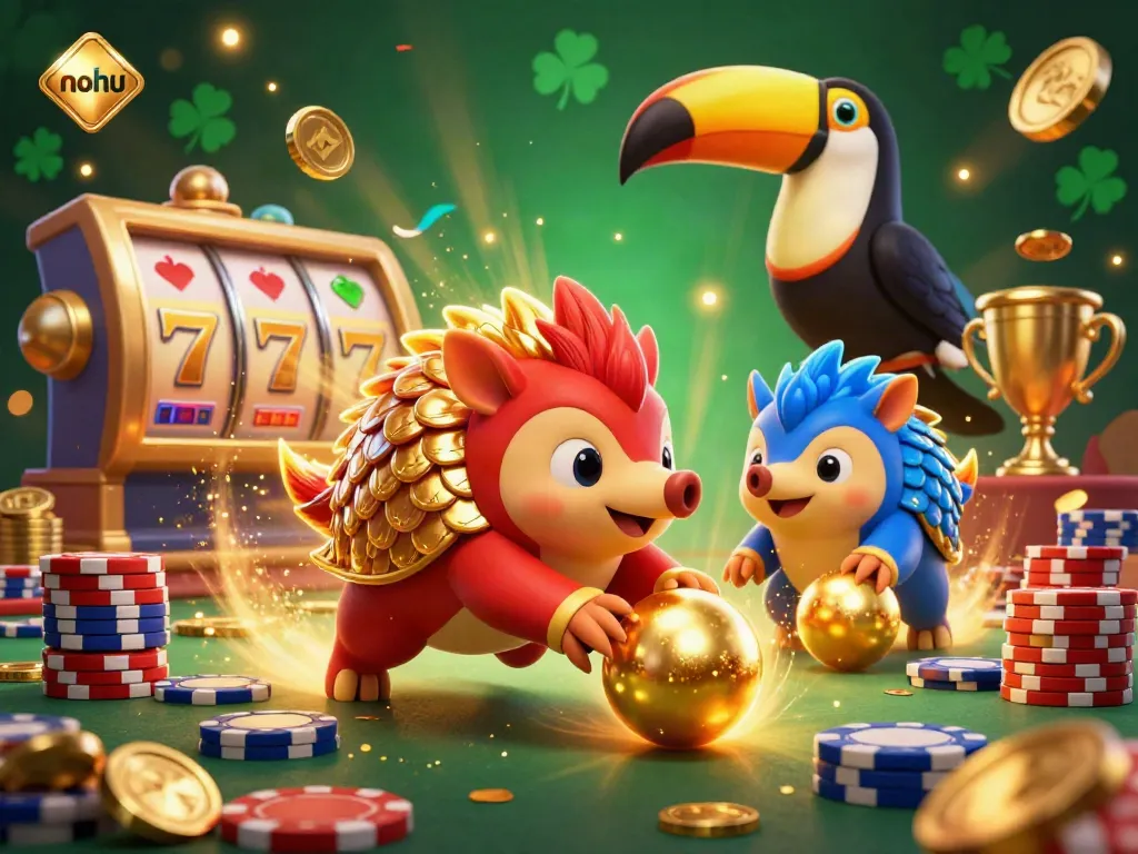 Nohu slot game featuring cartoon pangolins playing with golden balls, poker chips, and spinning slot reels.