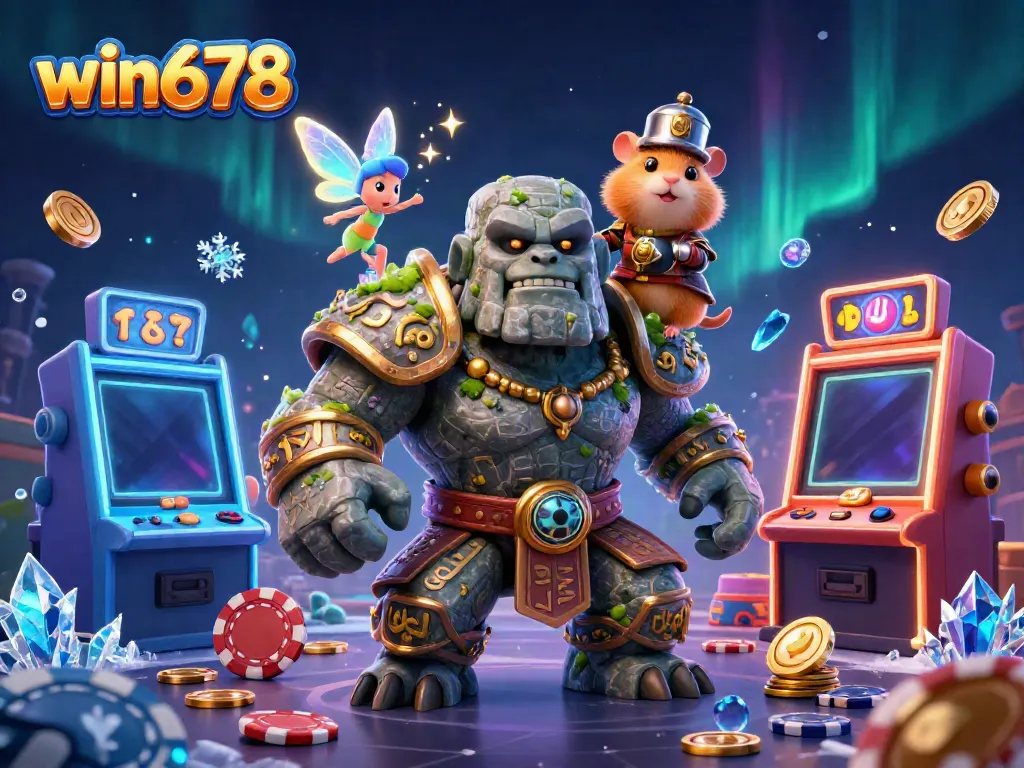 Experience thrilling action at Win678 with a magical golem, fairy, and hamster knight in a vibrant casino!