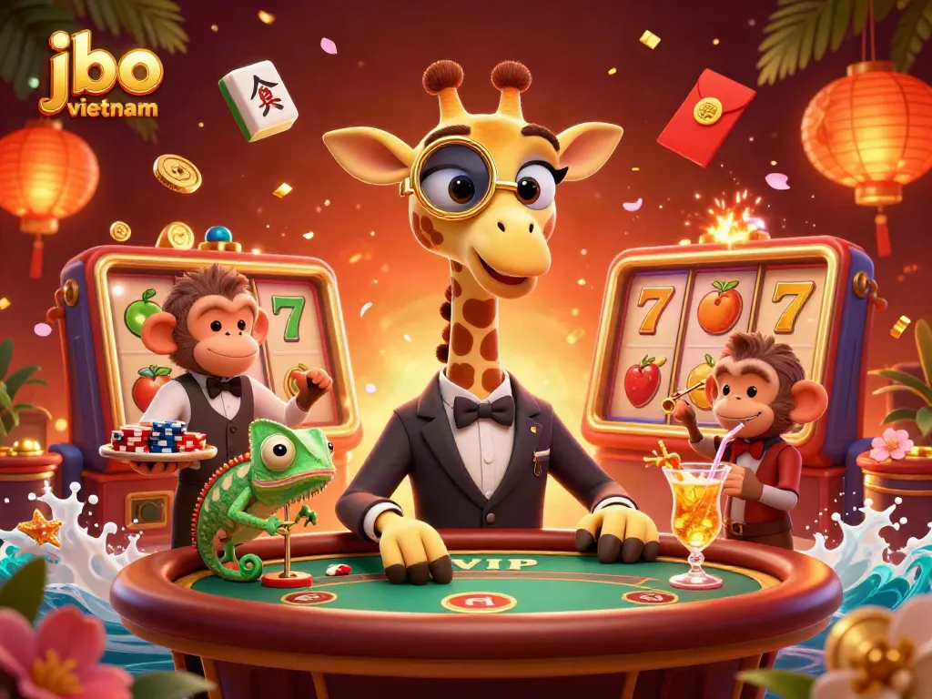 Spin and win with jbo vietnam at a vibrant casino-themed illustration featuring a giraffe in style.