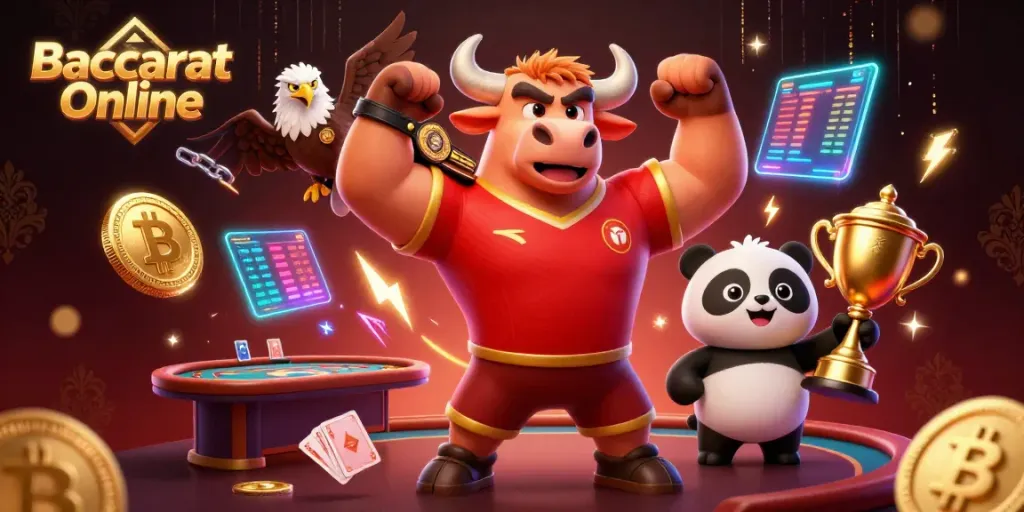 Baccarat Online gameplay showcasing a victorious bull mascot, eagle, and panda celebrating amidst casino elements.