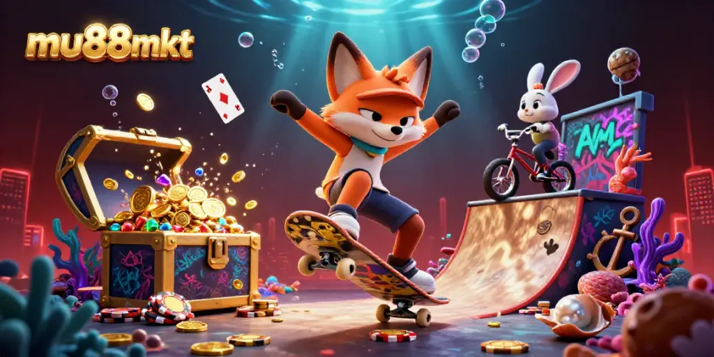 Engage with mu88mkt's vibrant casino-themed illustration featuring a skateboarder fox and BMX rabbit.