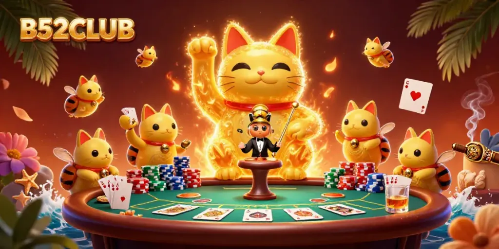 B52CLUB showcases a vivid 3D lucky cat formed by fireflies, symbolizing fortune at the casino.