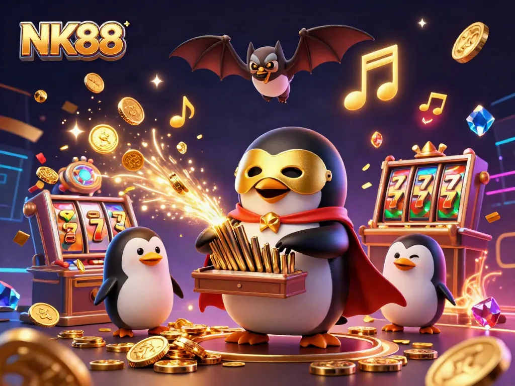 NK88 showcases a lively scene with a charismatic penguin character playing a golden pipe organ, surrounded by dynamic casino elements.