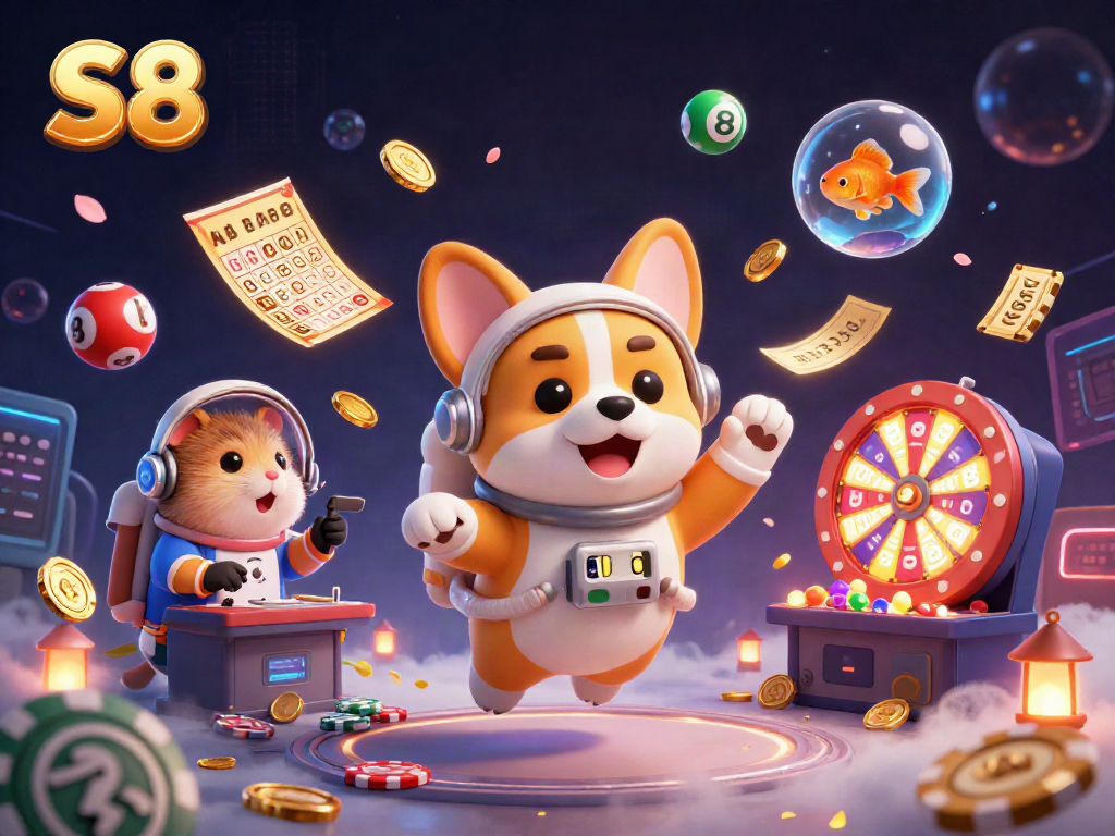Experience the thrill of S8 at a space casino with dynamic gaming elements and vibrant characters.