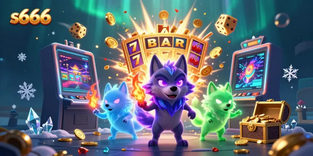 Experience thrilling s666 gameplay with a mystical scene featuring shadow wolves and casino excitement.