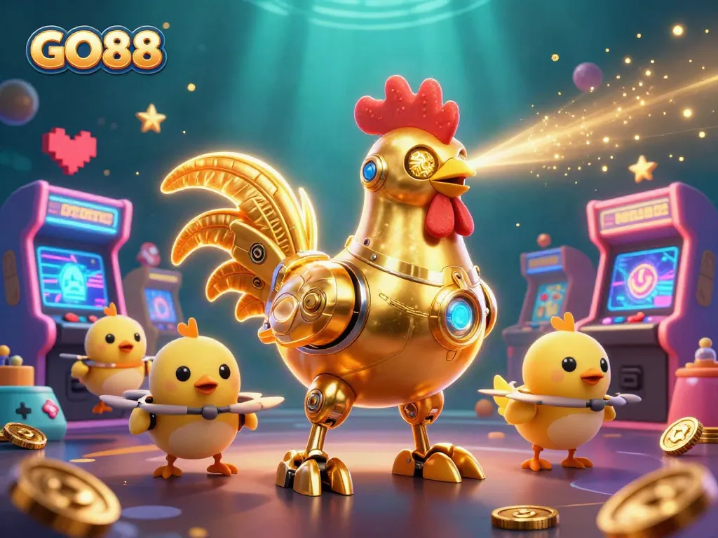 Engage with the exciting world of GO88, featuring a golden rooster robot amidst colorful casino game elements.
