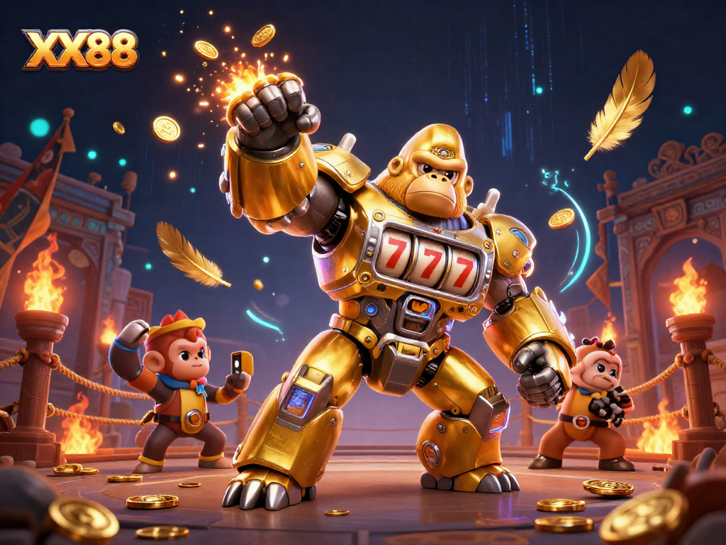 Experience the excitement of XX88 with a golden gorilla mech and dynamic casino elements.