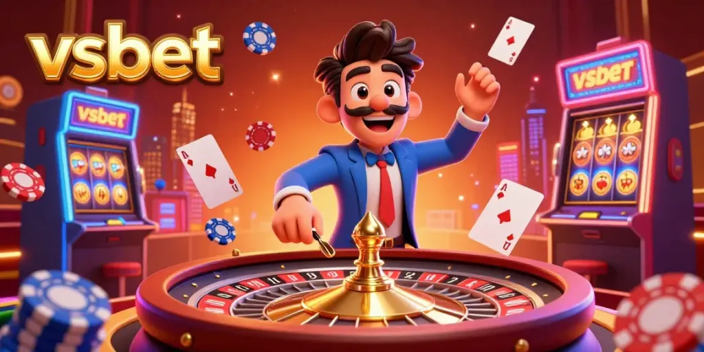 Experience thrilling bets at vsbet with a dynamic casino scene featuring a glamorous gambler and exciting gaming elements.