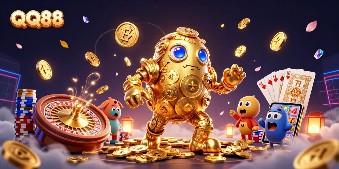 Experience thrilling gameplay with QQ88 featuring a golden golem amidst cascading treasures and a vibrant roulette!