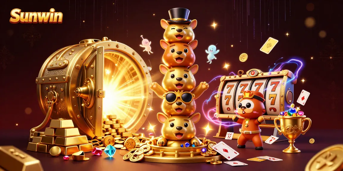 Experience the vibrant world of gaming with the Sunwin totem and treasure in this rich 3D casino scene.