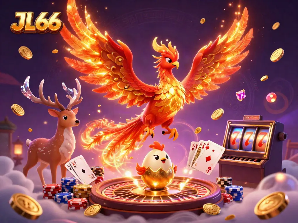 Experience the magic of JL66 with a vibrant 3D phoenix scene featuring casino elements and energy.