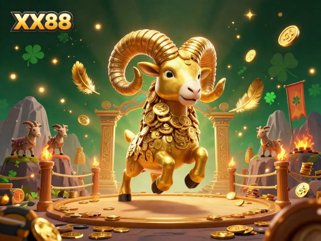 Win big with the energetic game strategies of XX88, featuring a 3D golden ram in a dynamic, sparkling casino setting.