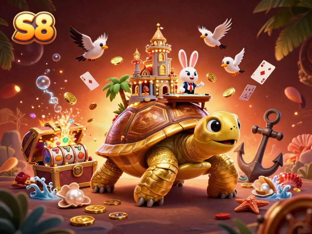 Engaging depiction of S8 casino experience with a golden tortoise and vibrant gaming elements in action.