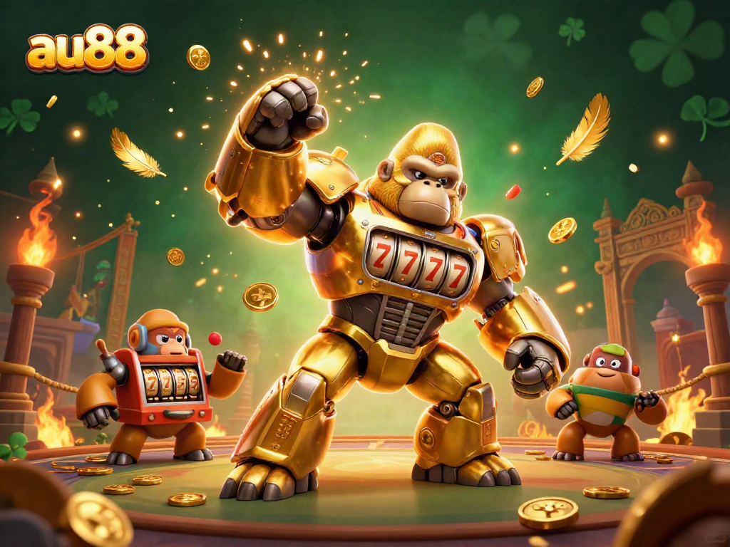Experience the high-stakes thrill at AU88 with a golden gorilla mech surrounded by dynamic casino elements.