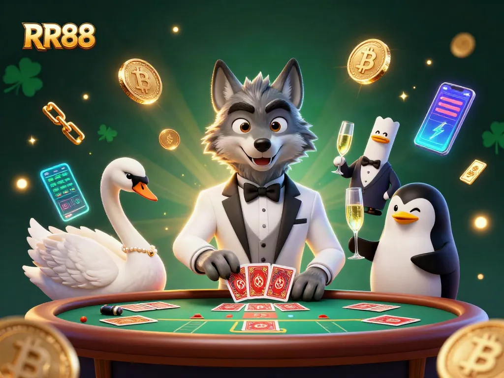 Engage with RR88 at a vibrant baccarat table amidst dazzling crypto elements and festive casino atmosphere.