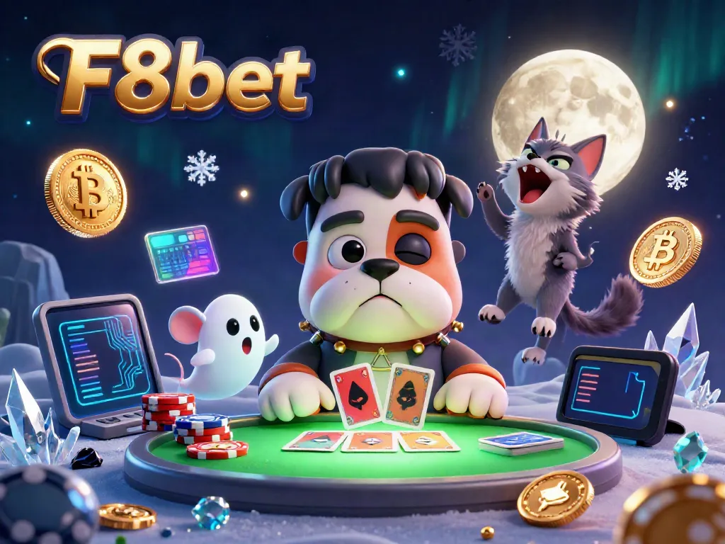 Engage with F8bet's thrilling gaming scene featuring a Frankenstein bulldog dealer, haunted charisma, and crypto motifs.