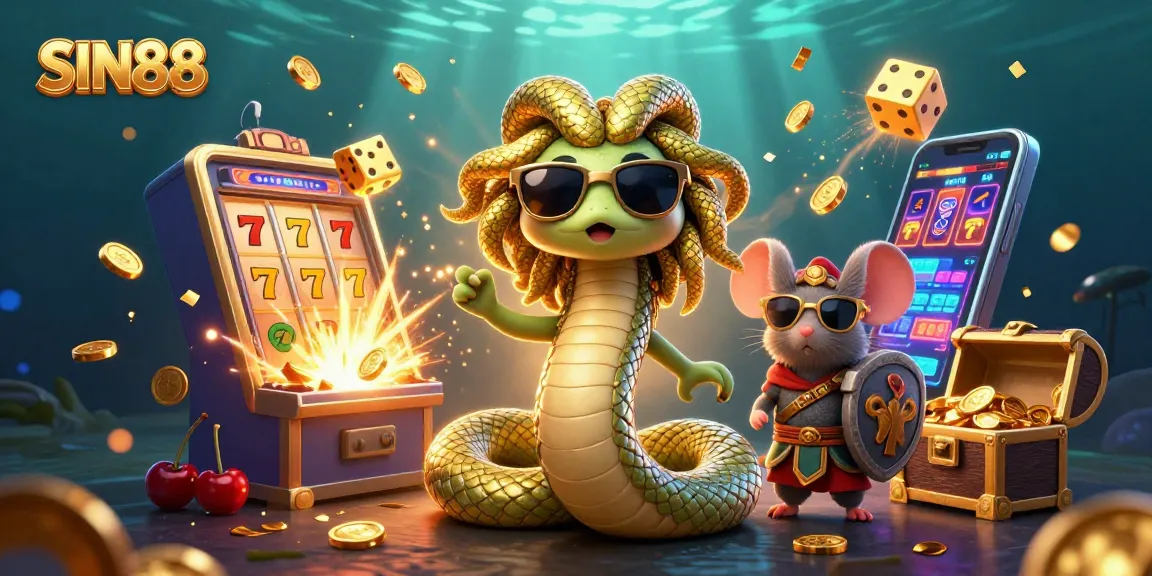 SIN88 slots scene with Medusa and warrior mouse amidst a jackpot explosion of coins and gold.