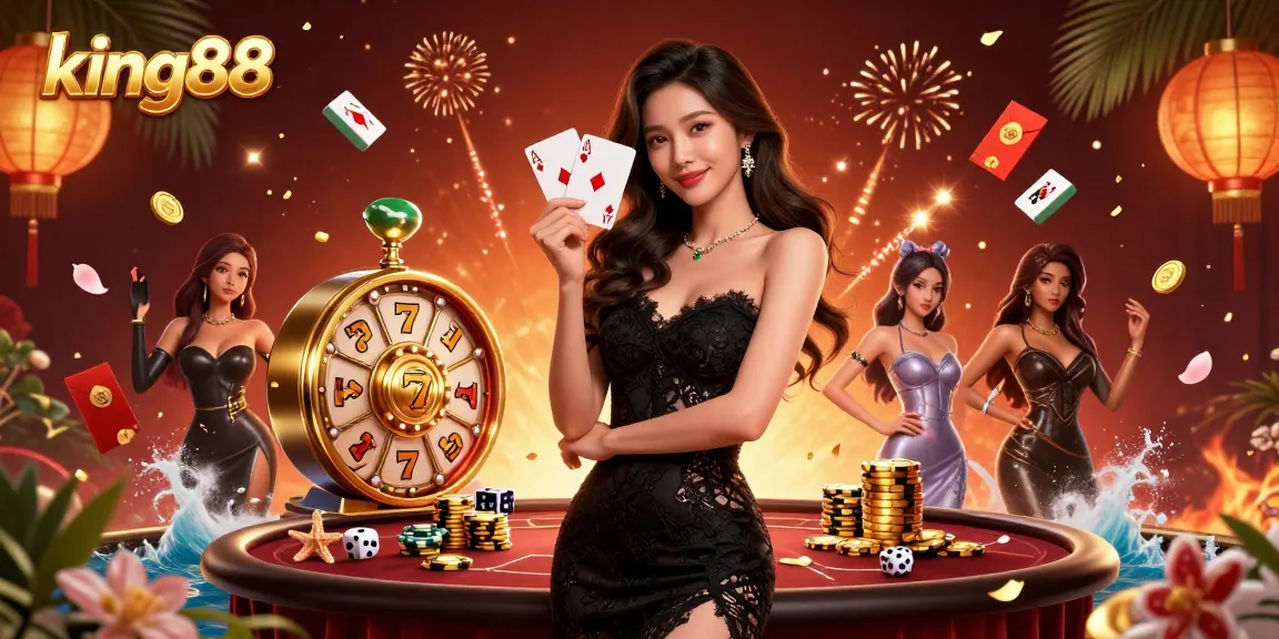 Play exciting games at king88 with vibrant visuals, showcasing a winning spirit in a dynamic casino setting.