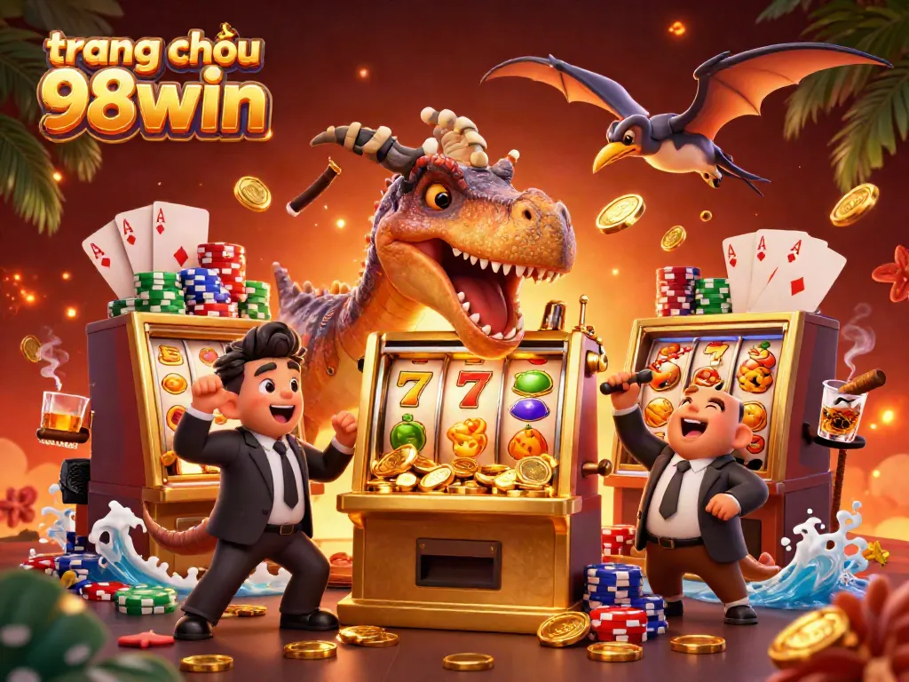 Experience the thrill of the jackpot at trang chủ 98win with a colorful 3D casino scene featuring a pachycephalosaurus and exciting gaming elements.