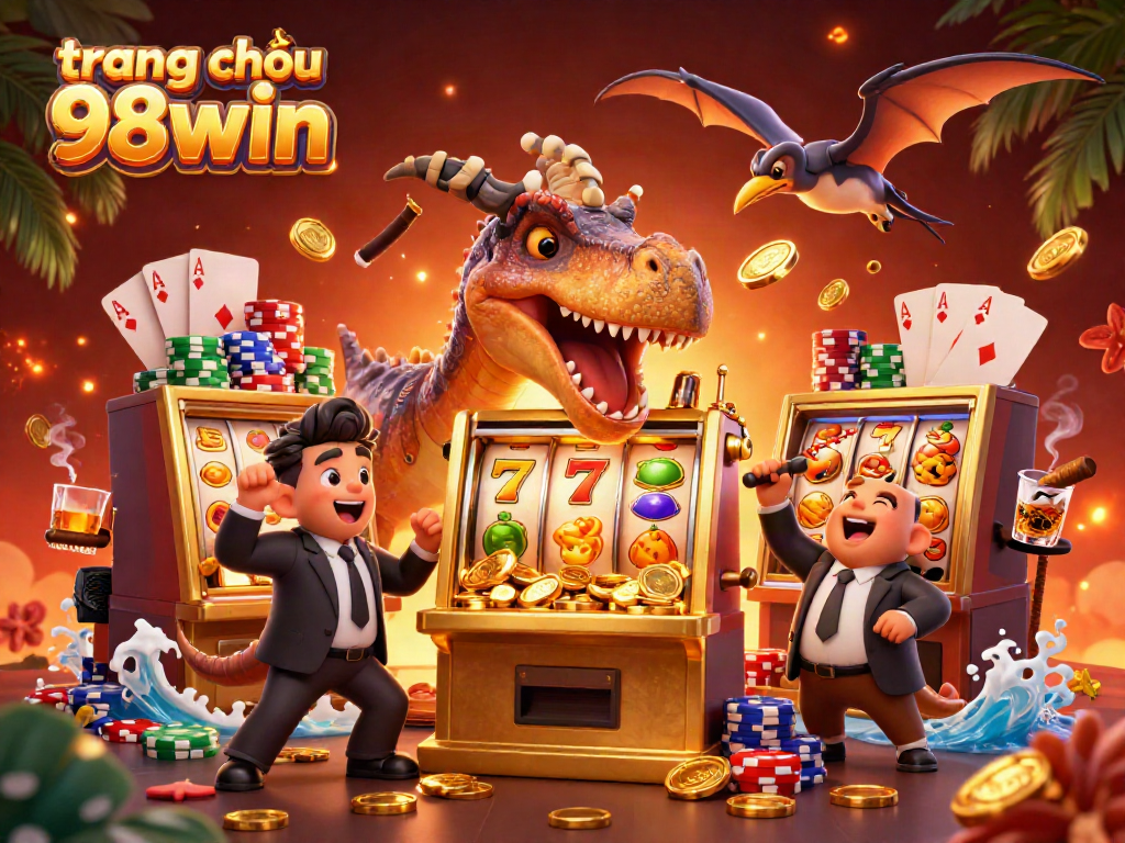 Experience the thrill of the jackpot at trang chủ 98win with a colorful 3D casino scene featuring a pachycephalosaurus and exciting gaming elements.