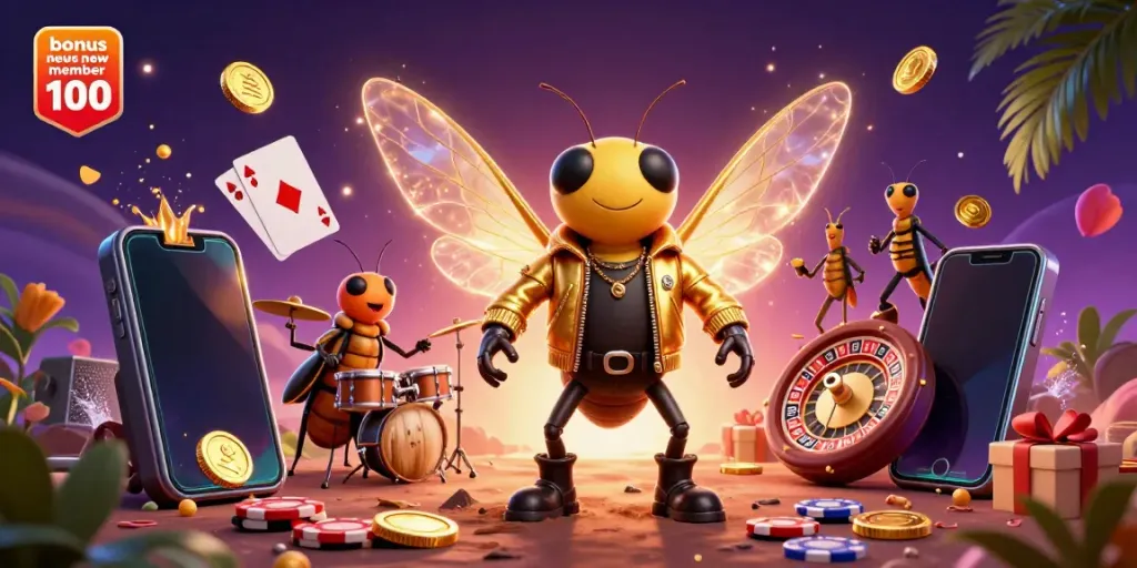 Experience the excitement of bonus new member 100 with this engaging colorful casino illustration.