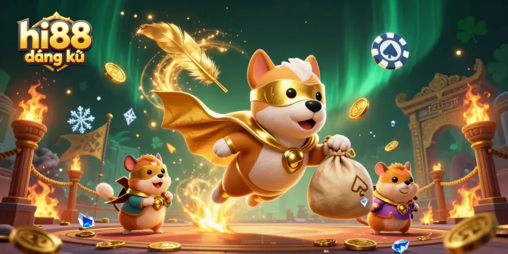Win big with hi88 đăng ký in a vibrant 3D scene featuring a superhero dog and dynamic casino elements.