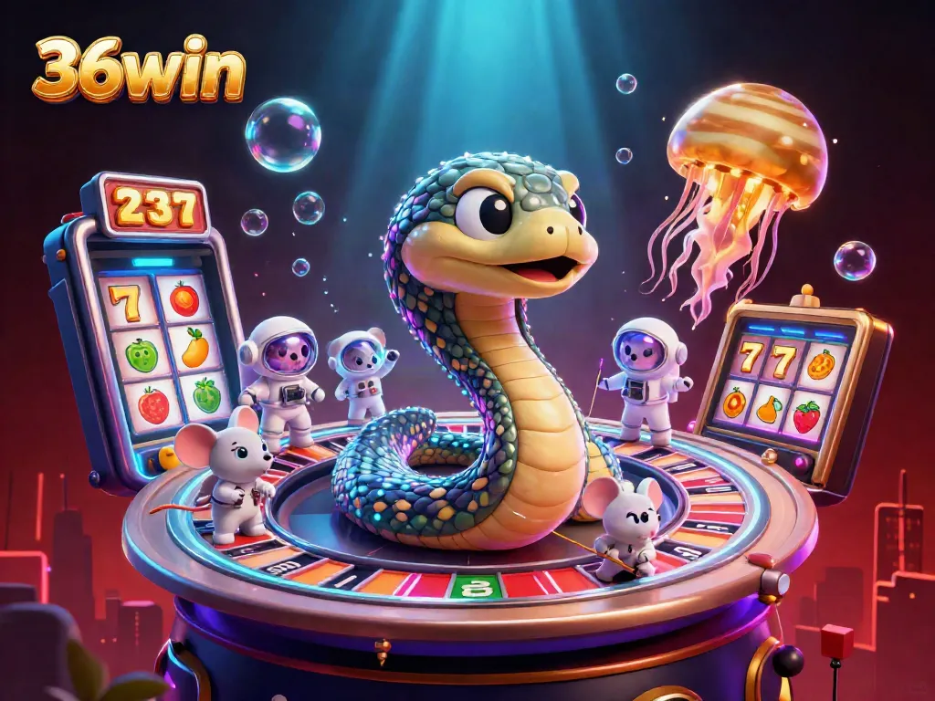 36win's thrilling slots action captured in an ultra-detailed cosmic casino scene.