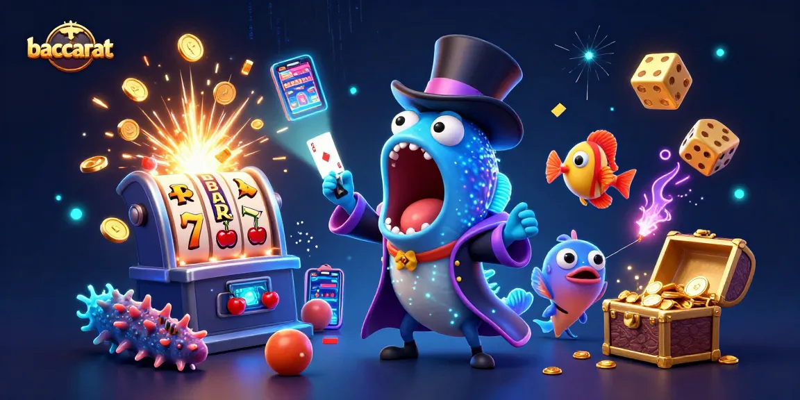 Baccarat-themed illustration featuring a deep-sea gulper eel magician performing card tricks amidst vibrant casino elements.
