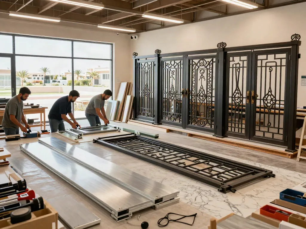 Skilled craftsmen at Al Taher Carpentry and Aluminium working on custom gates and glass installations.